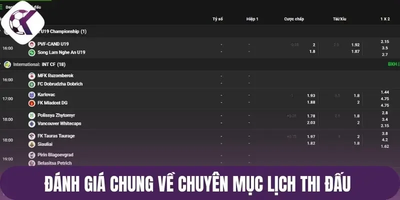 Đánh giá chung về chuyên mục lịch thi đấu
